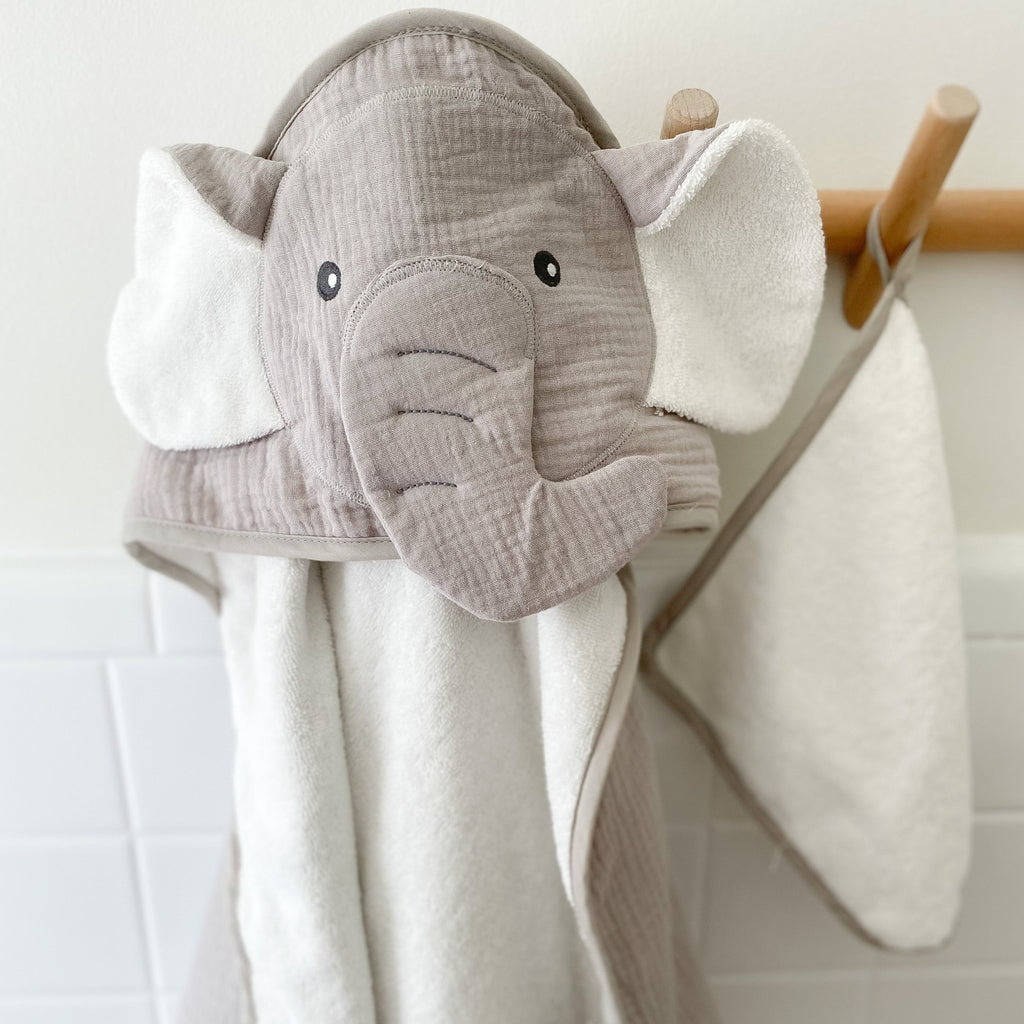 4-Piece Baby Neutral Grey Elephant Towel & Washcloths