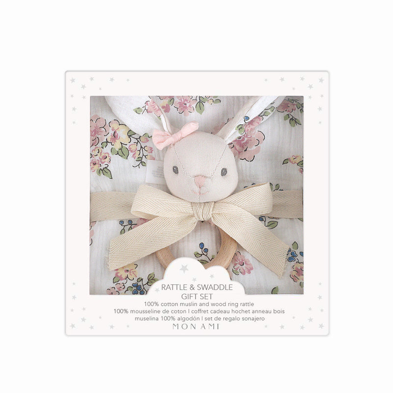 French Floral Bunny-Swaddles & Rattle Gift Set