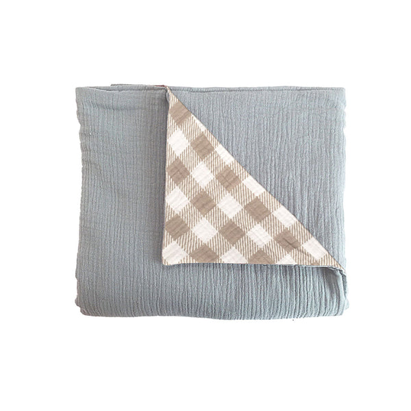 SLATE BLUE AND GINGHAM DOUBLE SIDED MUSLIN PLAY MAT