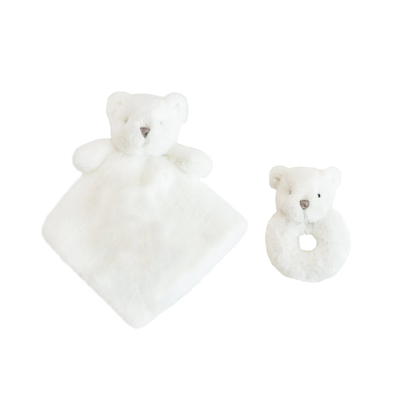 WHITE LUXE BEAR LOVIE AND RATTLE SET